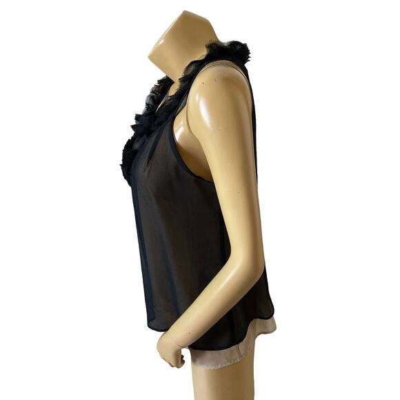 CYNTHIA ROWLEY Womens Size Small Ruffled Sleeveless Tan Black Chiffon Tank Shirt - Picture 2 of 9